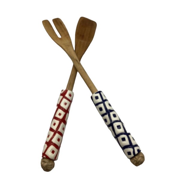 Hand Painted Serving Wooden Fork & Spoon with Ceramic ends, Made In Siena Italy - Picture 1 of 7
